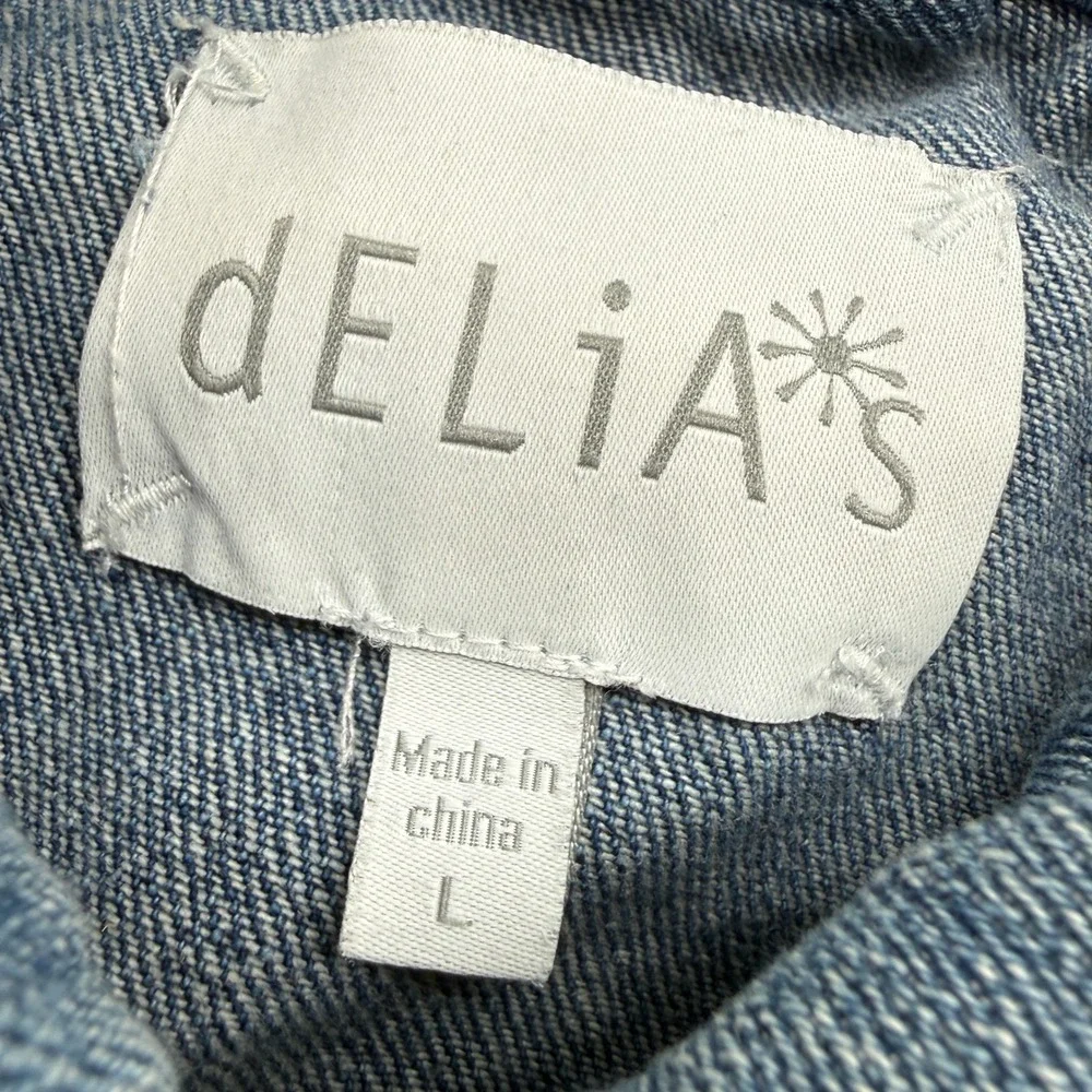 dELiA*s Denim Jacket Womens L Blue Patchwork Distressed Trucker Jean Jacket - Picture 13 of 16